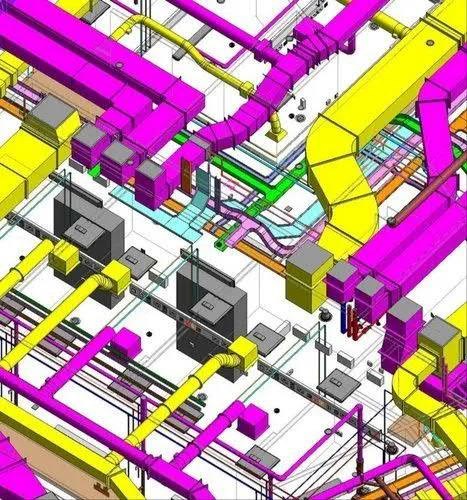 Commercial mechanical BIM coordination model showing ductwork and pipework