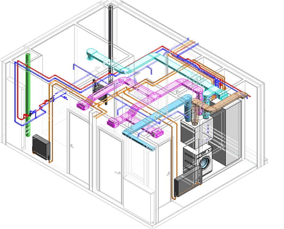 Residential mechanical BIM model showing HVAC pipework within a unit
